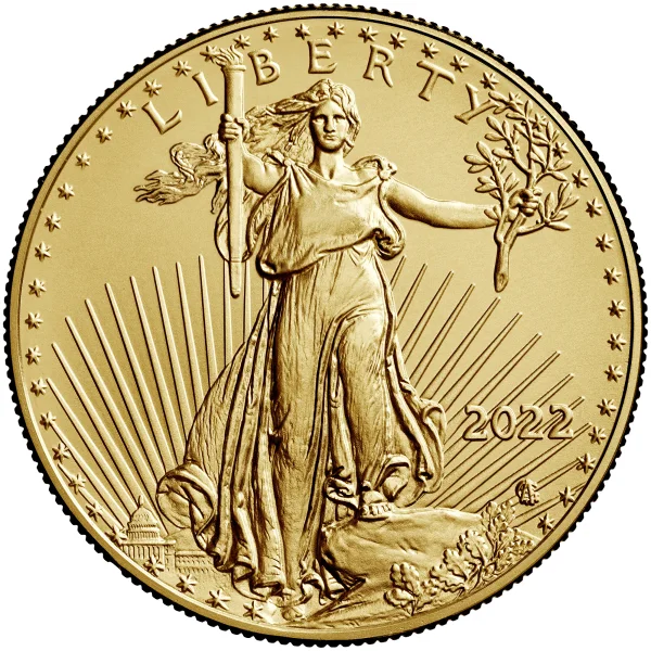 One-ounce American Gold Eagle, obverse, showing Saint-Gaudens' striding Liberty