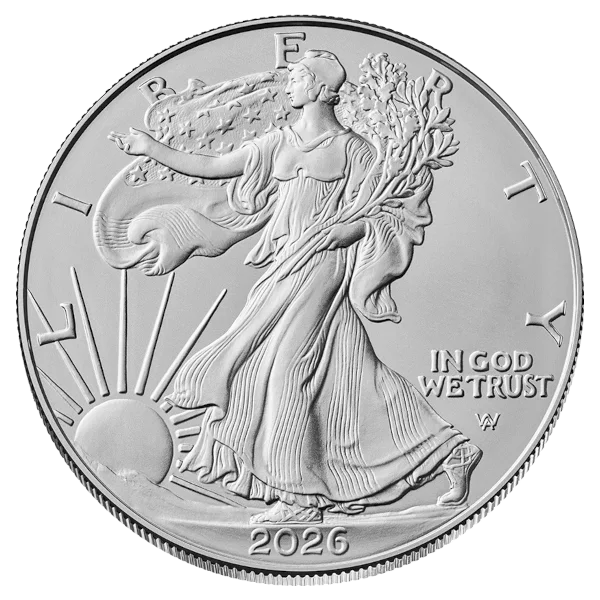 One-ounce American Silver Eagle, obverse, showing the Walking Liberty design
