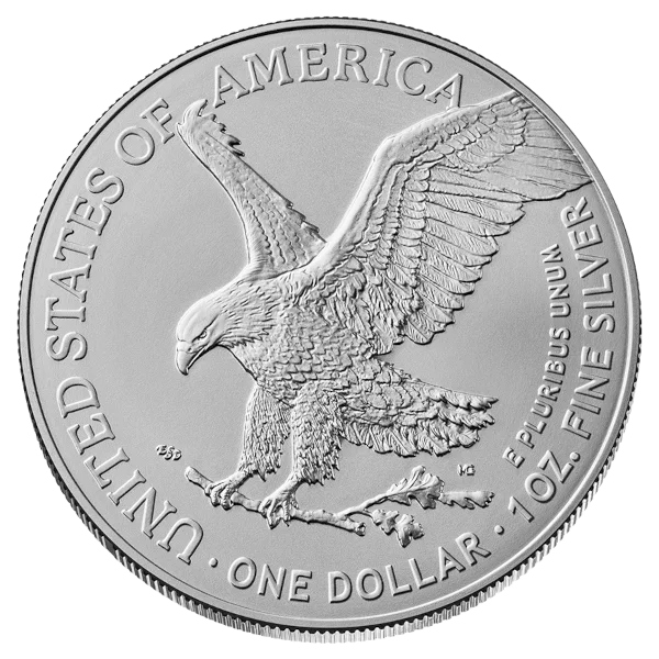 One-ounce American Silver Eagle, obverse, showing the Walking Liberty design (reverse)