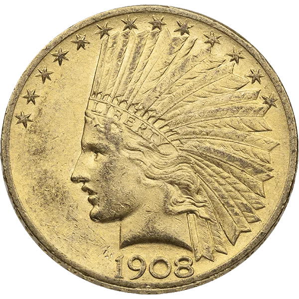 Ten-dollar Indian Head eagle showing a Liberty head wearing a feathered headdress