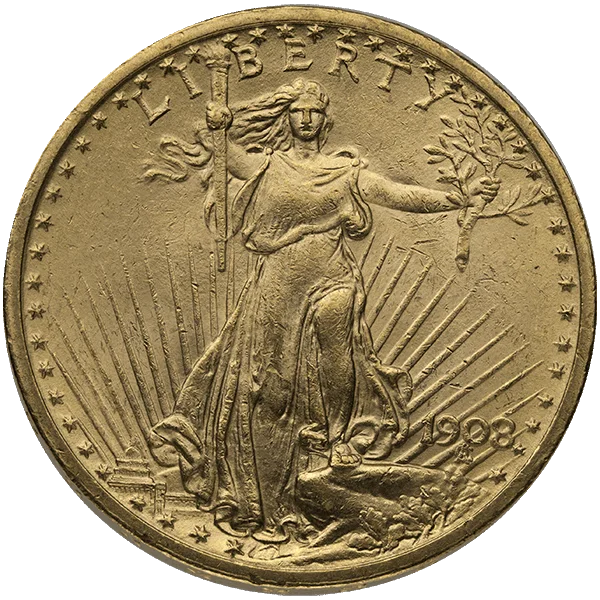 Saint-Gaudens twenty-dollar double eagle, obverse, showing Liberty striding forward with torch and olive branch