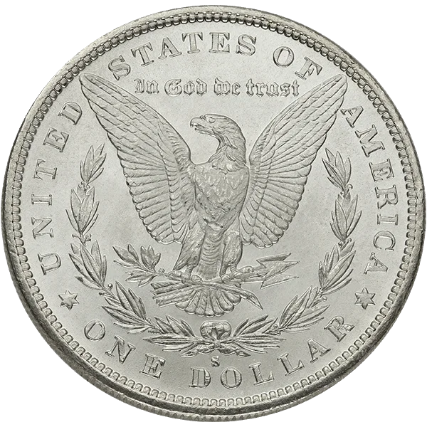 Reverse of a Morgan silver dollar showing the eagle and wreath
